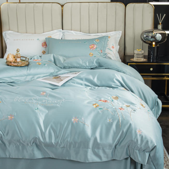 91家纺网 家纺一手货源 找家纺 琪格格 2022新款水洗真丝重工刺绣四件套 悠然清新-水兰