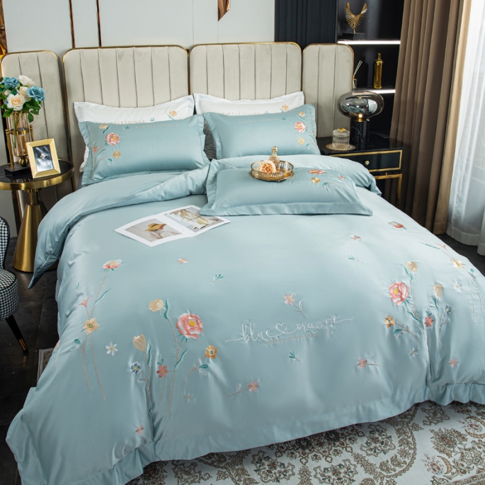 91家纺网 家纺一手货源 找家纺 琪格格 2022新款水洗真丝重工刺绣四件套 悠然清新-水兰