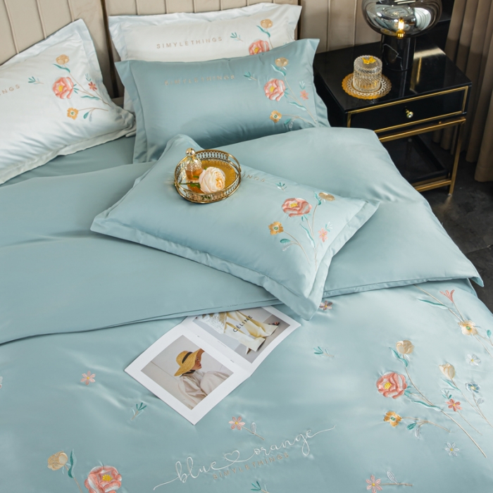 91家纺网 家纺一手货源 找家纺 琪格格 2022新款水洗真丝重工刺绣四件套 悠然清新-水兰