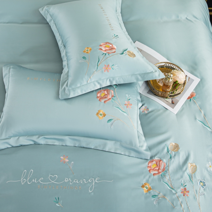 91家纺网 家纺一手货源 找家纺 琪格格 2022新款水洗真丝重工刺绣四件套 悠然清新-水兰