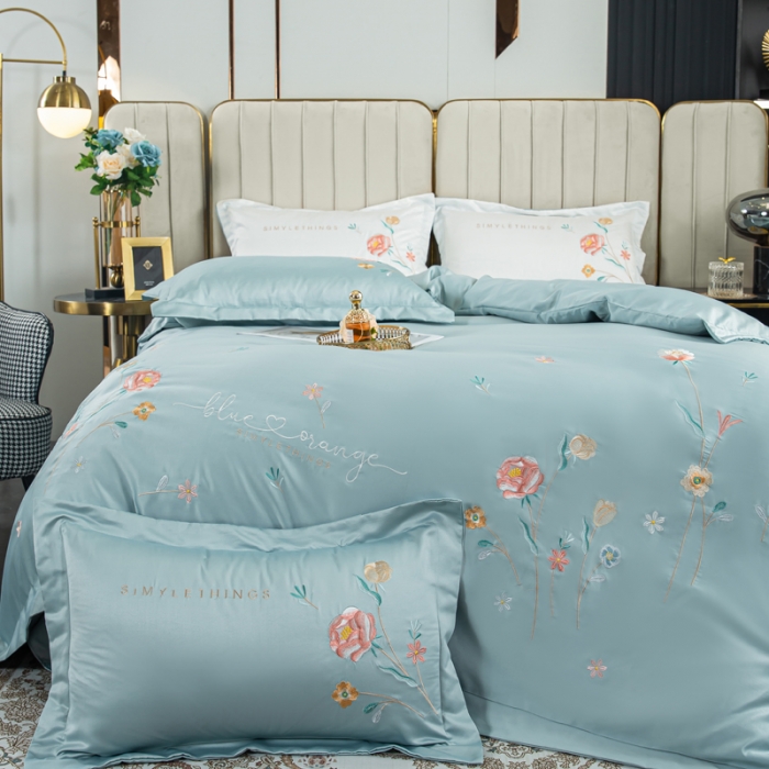 91家纺网 家纺一手货源 找家纺 琪格格 2022新款水洗真丝重工刺绣四件套 悠然清新-水兰