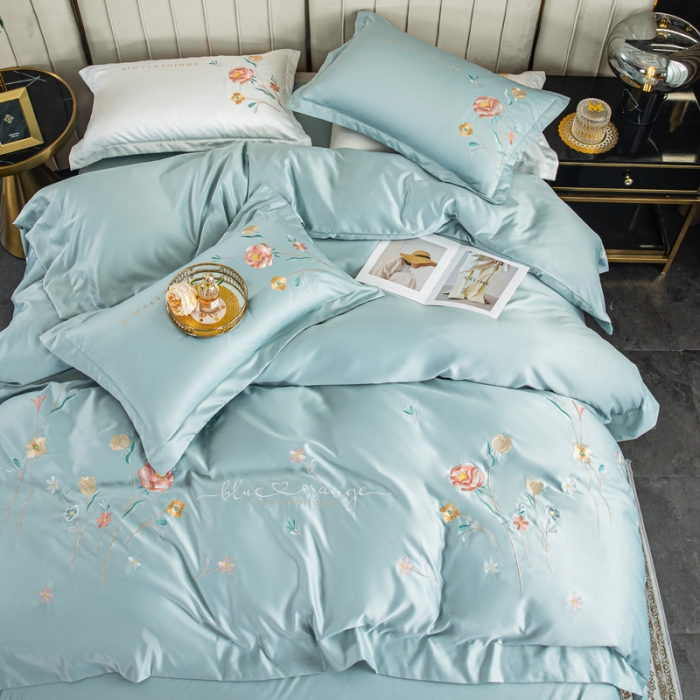 91家纺网 家纺一手货源 找家纺 琪格格 2022新款水洗真丝重工刺绣四件套 悠然清新-水兰