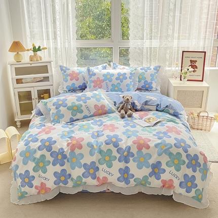 91家纺网 家纺一手货源 找家纺 琪格格 2022新款全棉印花荷叶边四件套 荷叶边-春色蓝