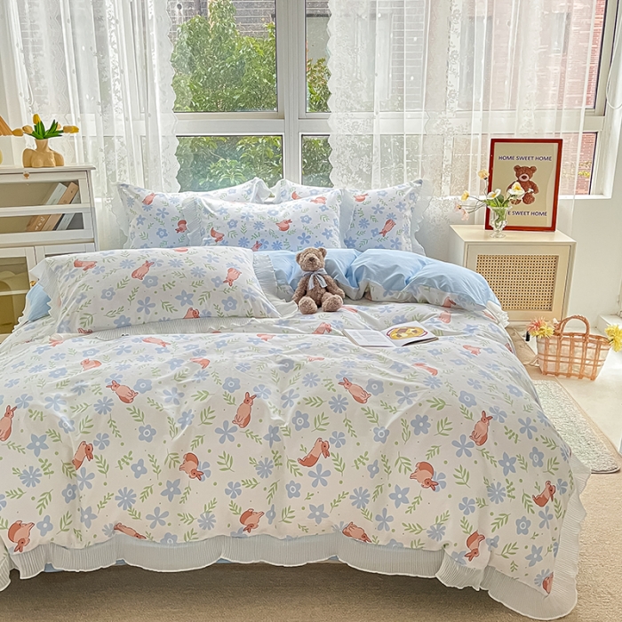 91家纺网 家纺一手货源 找家纺 琪格格 2022新款全棉印花荷叶边四件套 荷叶边-田园兔