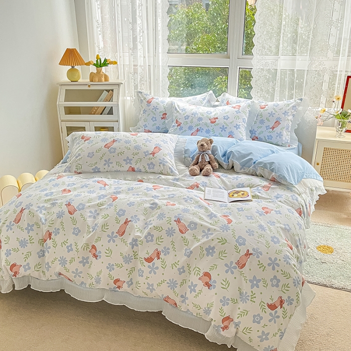 91家纺网 家纺一手货源 找家纺 琪格格 2022新款全棉印花荷叶边四件套 荷叶边-田园兔