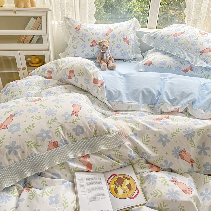 91家纺网 家纺一手货源 找家纺 琪格格 2022新款全棉印花荷叶边四件套 荷叶边-田园兔