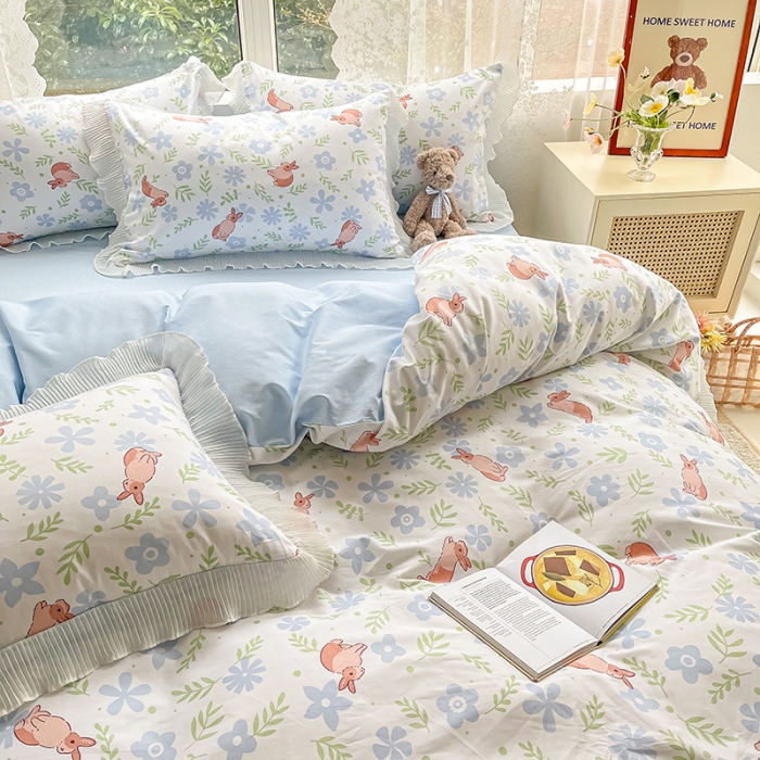 91家纺网 家纺一手货源 找家纺 琪格格 2022新款全棉印花荷叶边四件套 荷叶边-田园兔