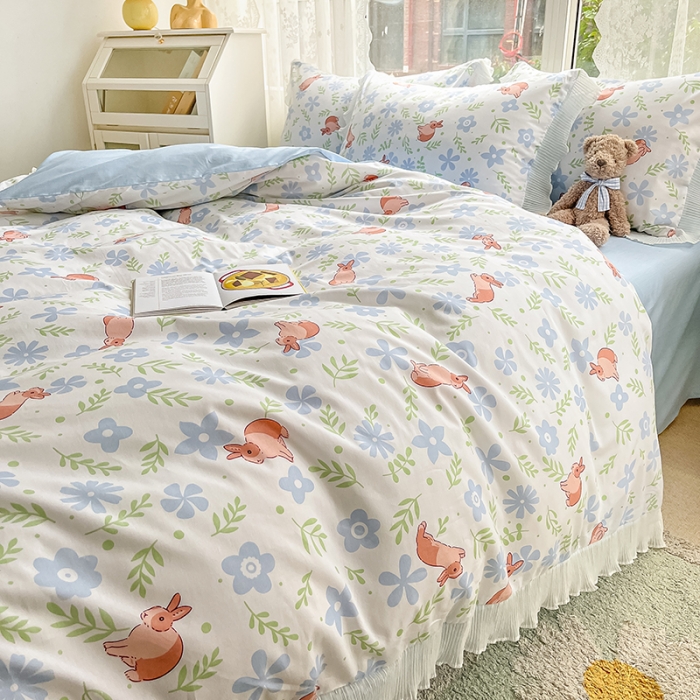 91家纺网 家纺一手货源 找家纺 琪格格 2022新款全棉印花荷叶边四件套 荷叶边-田园兔