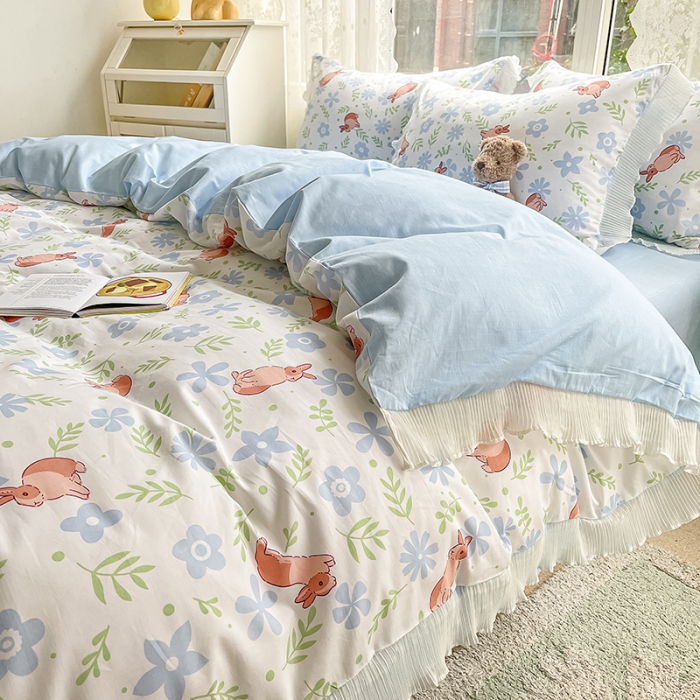 91家纺网 家纺一手货源 找家纺 琪格格 2022新款全棉印花荷叶边四件套 荷叶边-田园兔