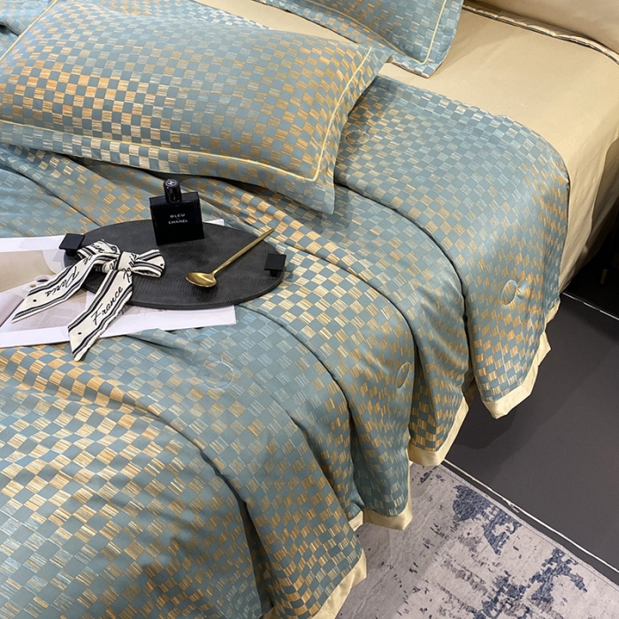 91家纺网 家纺一手货源 找家纺 2023新款直播爆品水洗真丝天丝夏凉被夏被及夏被四件套时尚绿