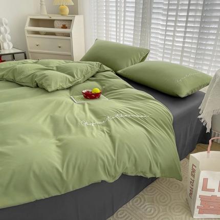 91家纺网 家纺一手货源 找家纺 曼谷纯色简约刺绣柔软磨毛水洗棉套件飘系列 字母豆绿灰