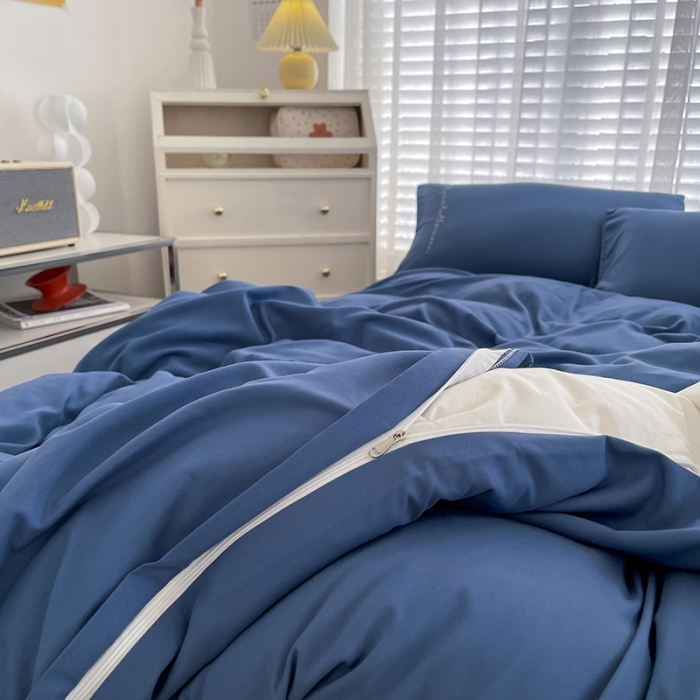 91家纺网 家纺一手货源 找家纺 曼谷纯色简约刺绣柔软磨毛水洗棉套件飘系列字母宝蓝海盐
