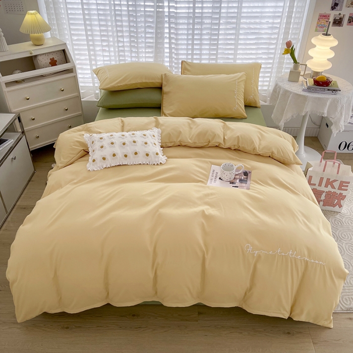 91家纺网 家纺一手货源 找家纺 曼谷纯色简约刺绣柔软磨毛水洗棉套件飘系列字母布丁豆绿