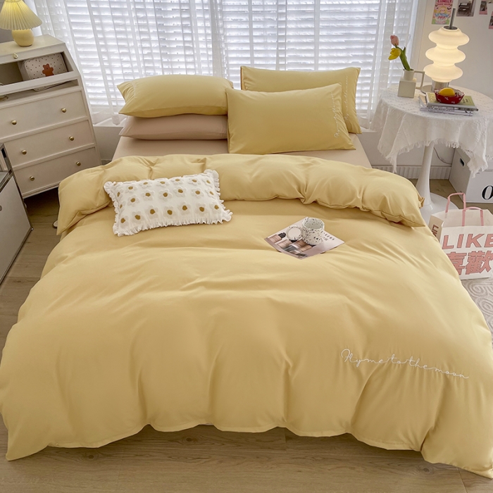 91家纺网 家纺一手货源 找家纺 曼谷纯色简约刺绣柔软磨毛水洗棉套件飘系列字母布丁奶茶