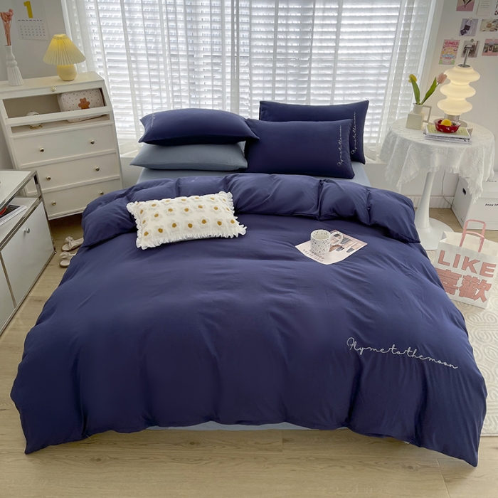 91家纺网 家纺一手货源 找家纺 曼谷纯色简约刺绣柔软磨毛水洗棉套件飘系列字母藏青海盐