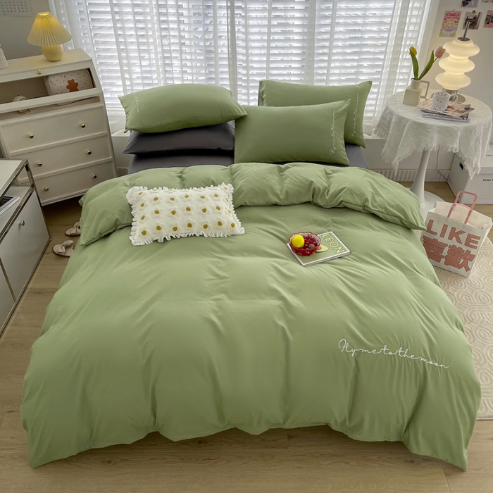 91家纺网 家纺一手货源 找家纺 曼谷纯色简约刺绣柔软磨毛水洗棉套件飘系列 字母豆绿灰