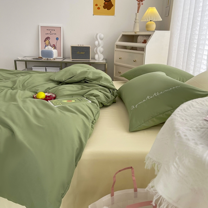 91家纺网 家纺一手货源 找家纺 曼谷纯色简约刺绣柔软磨毛水洗棉套件飘系列字母豆绿芝士