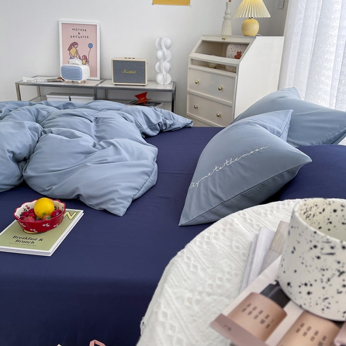 91家纺网 家纺一手货源 找家纺 曼谷纯色简约刺绣柔软磨毛水洗棉套件飘系列字母海盐藏青