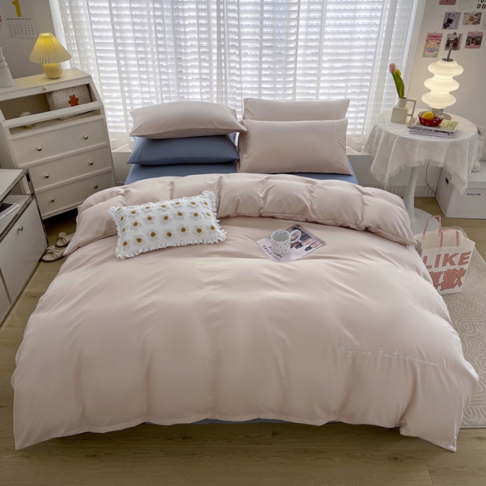 91家纺网 家纺一手货源 找家纺 曼谷纯色简约刺绣柔软磨毛水洗棉套件飘系列 字母奶茶灰