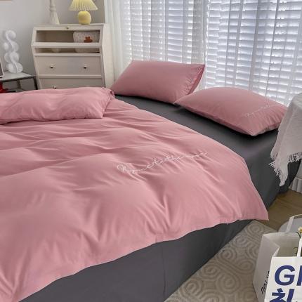 曼谷纯色简约刺绣柔软磨毛水洗棉套件飘系列字母浅豆沙灰