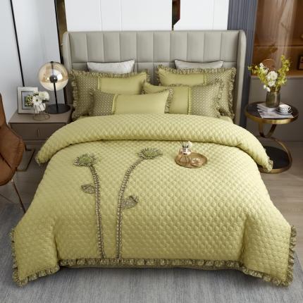91家纺网 家纺一手货源 找家纺 兴美佳 2022新款韩式盘花夹棉夏被四件套 柳绿