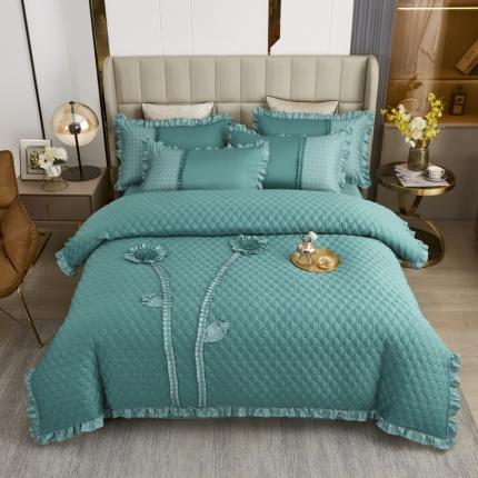 91家纺网 家纺一手货源 找家纺 兴美佳 2022新款韩式盘花夹棉夏被四件套 孔雀蓝