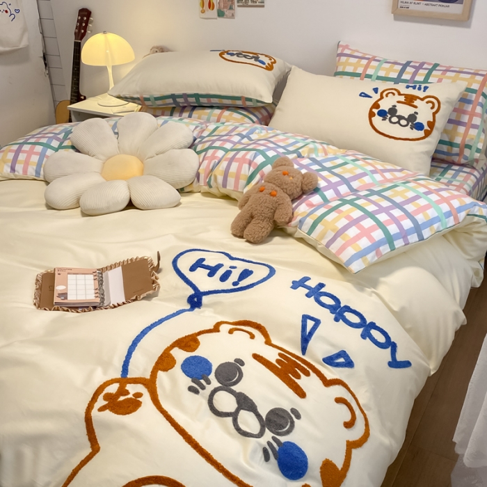 91家纺网 家纺一手货源 找家纺 澳梵 2022新款全棉大版卡通毛巾绣绣花四件套 虎虎