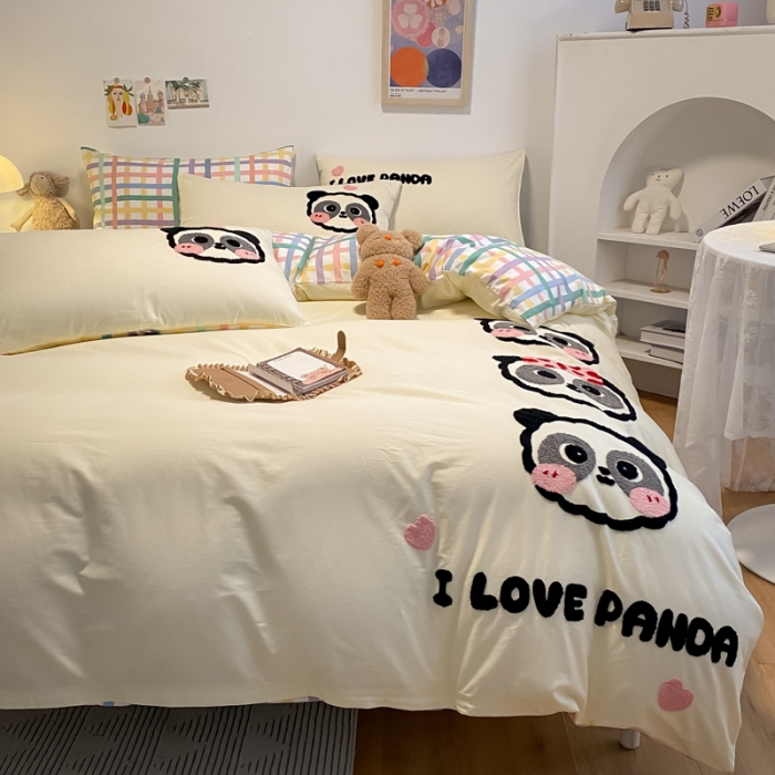 91家纺网 家纺一手货源 找家纺 澳梵 2022新款全棉大版卡通毛巾绣绣花四件套 熊猫之家