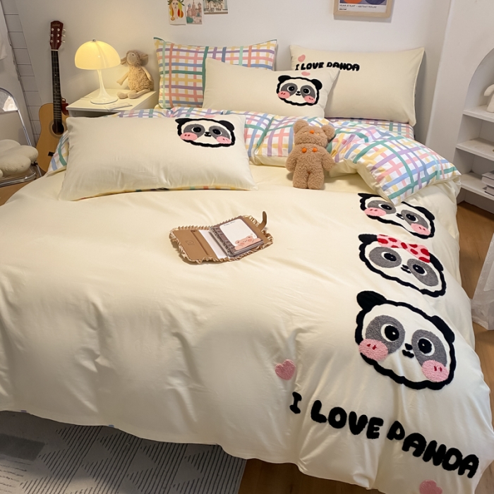 91家纺网 家纺一手货源 找家纺 澳梵 2022新款全棉大版卡通毛巾绣绣花四件套 熊猫之家