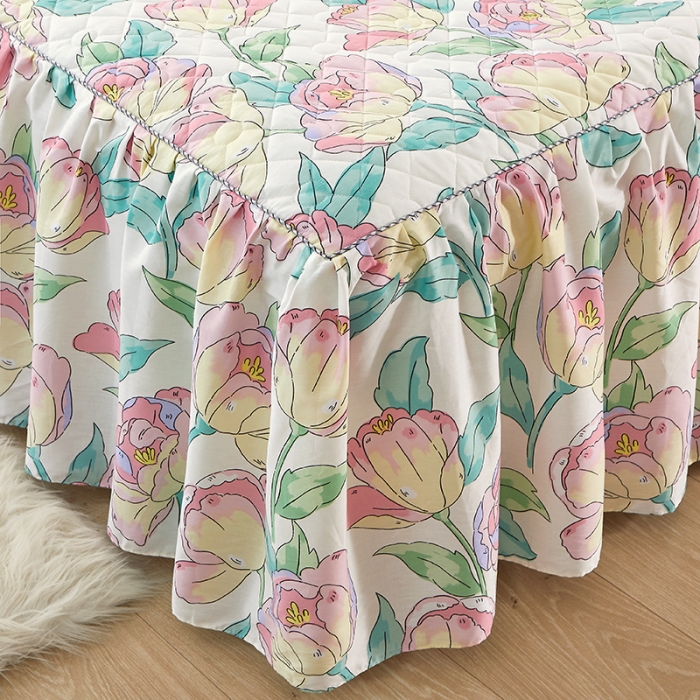 91家纺网 家纺一手货源 找家纺 十个点 2022新款全棉夹棉印花床裙 花影