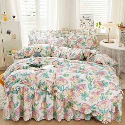 91家纺网 家纺一手货源 找家纺 （总）十个点 2022新款全棉夹棉印花床裙四件套