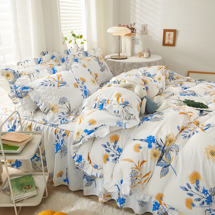 91家纺网 家纺一手货源 找家纺 十个点 2022新款全棉夹棉印花床裙四件套 春来时