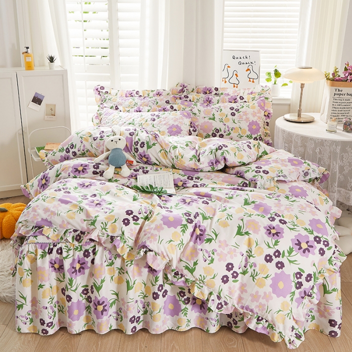 91家纺网 家纺一手货源 找家纺 十个点 2022新款全棉夹棉印花床裙四件套 花海之恋