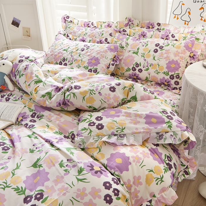 91家纺网 家纺一手货源 找家纺 十个点 2022新款全棉夹棉印花床裙四件套 花海之恋