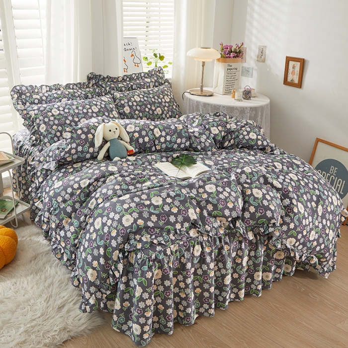 91家纺网 家纺一手货源 找家纺 十个点 2022新款全棉夹棉印花床裙四件套 花颜