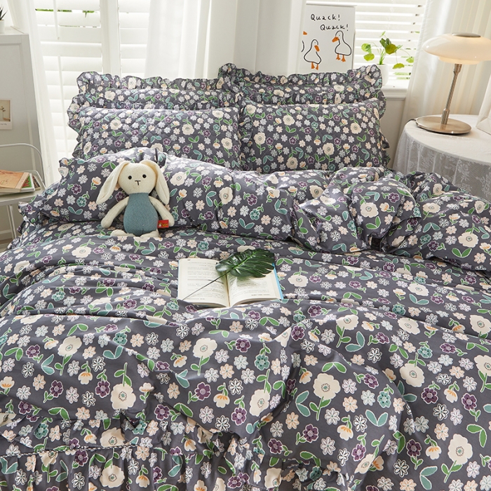 91家纺网 家纺一手货源 找家纺 十个点 2022新款全棉夹棉印花床裙四件套 花颜