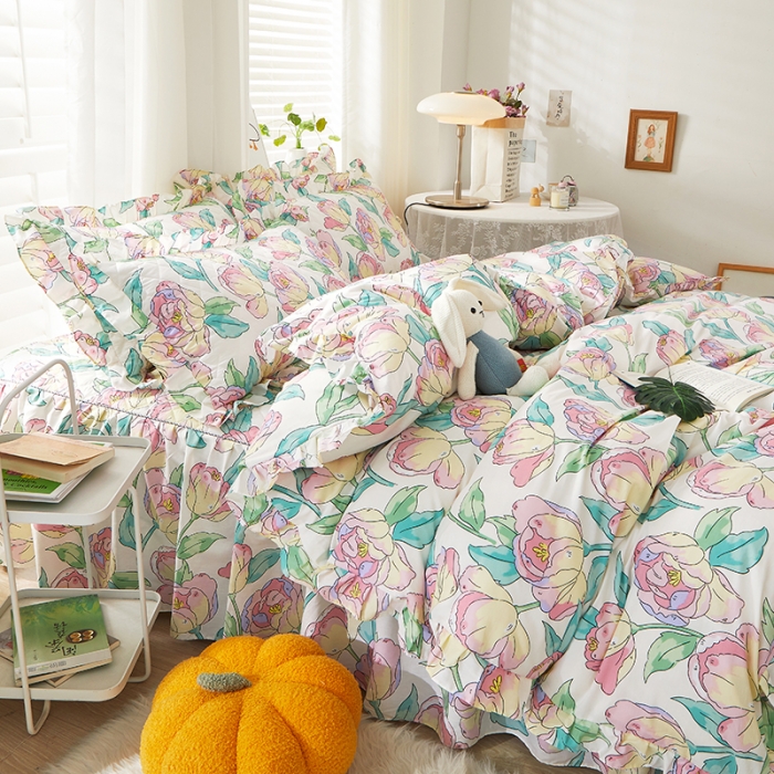 91家纺网 家纺一手货源 找家纺 十个点 2022新款全棉夹棉印花床裙四件套 花影