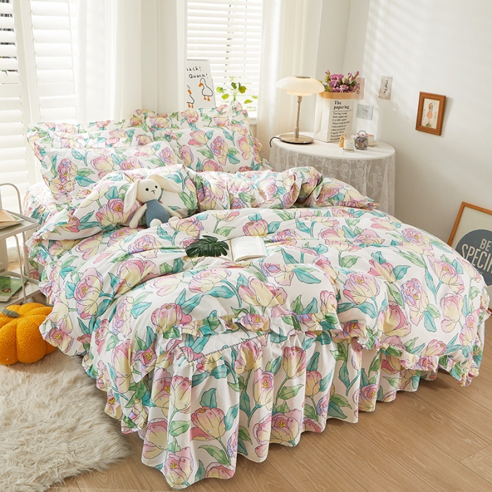 91家纺网 家纺一手货源 找家纺 十个点 2022新款全棉夹棉印花床裙四件套 花影