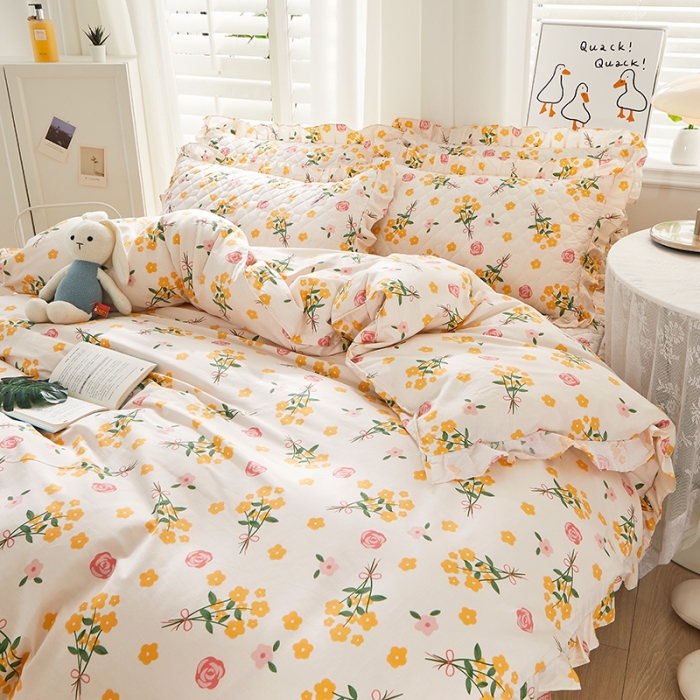 91家纺网 家纺一手货源 找家纺 十个点 2022新款全棉夹棉印花床裙四件套 秋枝