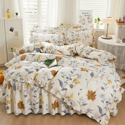 十个点 2022新款全棉夹棉印花床裙四件套 四月天