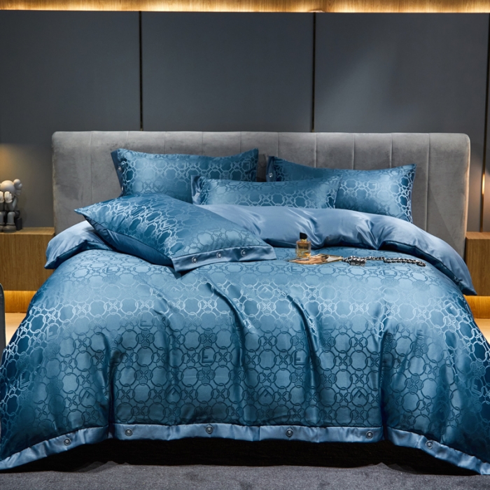 91家纺网 家纺一手货源 找家纺 凡客 2022新款40支仿天丝提花纽扣款四件套 卡迪亚-宾利蓝