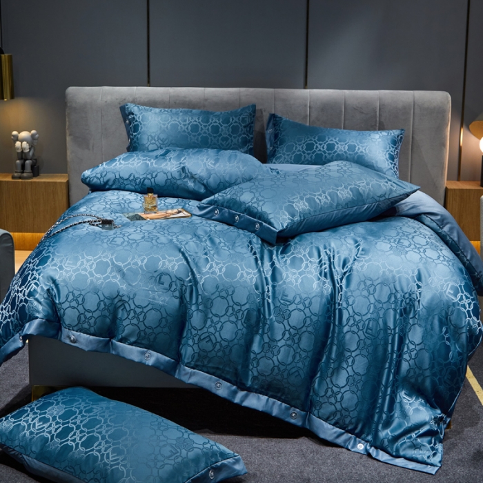 91家纺网 家纺一手货源 找家纺 凡客 2022新款40支仿天丝提花纽扣款四件套 卡迪亚-宾利蓝