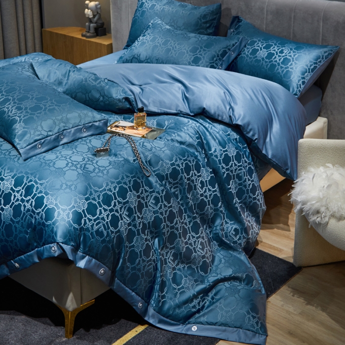 91家纺网 家纺一手货源 找家纺 凡客 2022新款40支仿天丝提花纽扣款四件套 卡迪亚-宾利蓝