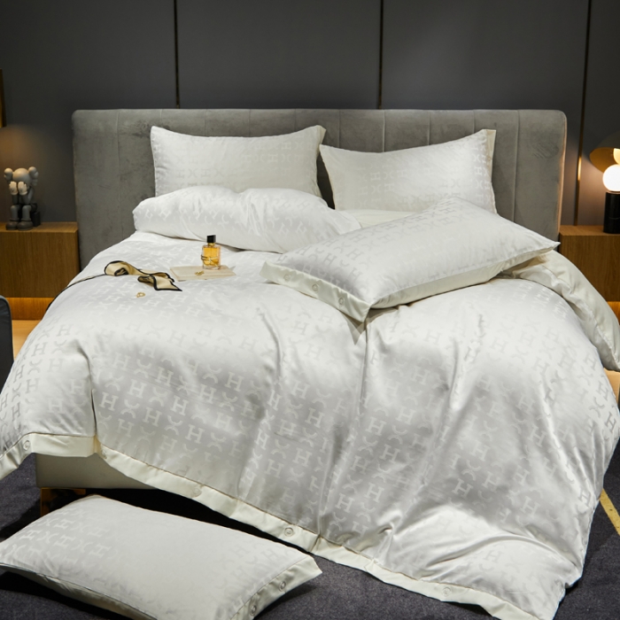 91家纺网 家纺一手货源 找家纺 凡客 2022新款40支仿天丝提花纽扣款四件套 卡迪亚-奶油白