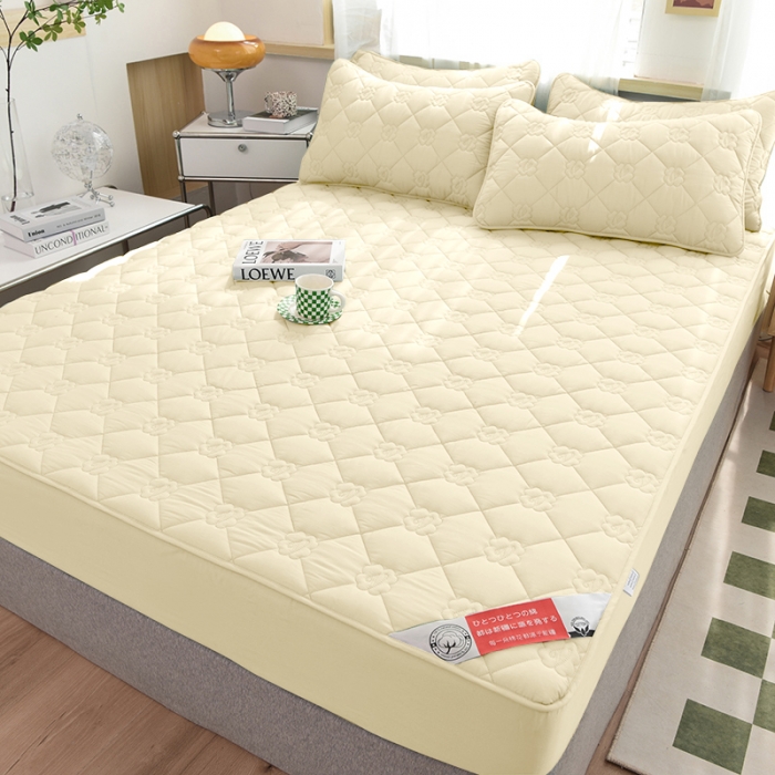 91家纺网 家纺一手货源 找家纺 豪选 2025新款全棉纯棉金绣夹棉床笠可裸睡四季款 金绣米黄