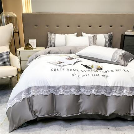 91家纺网 家纺一手货源 找家纺 首尔家纺 2024新款水洗真丝蕾丝系列刺绣四件套 米白拼灰