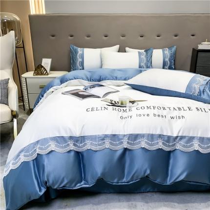 91家纺网 家纺一手货源 找家纺 首尔家纺 2024新款水洗真丝蕾丝系列刺绣四件套 米白拼蓝