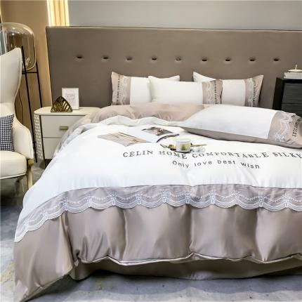 91家纺网 家纺一手货源 找家纺 首尔家纺 2024新款水洗真丝蕾丝系列刺绣四件套 米白拼奶茶