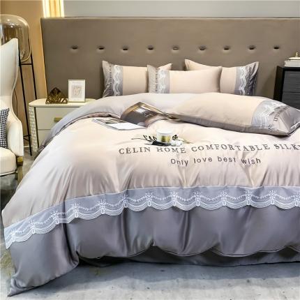 91家纺网 家纺一手货源 找家纺 首尔家纺 2024新款水洗真丝蕾丝系列刺绣四件套 奶茶拼灰