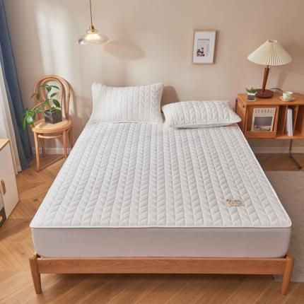 91家纺网 家纺一手货源 找家纺 卡伦 2025新款原棉大豆纤维夹棉床笠席梦思保护套 大麦纹白色